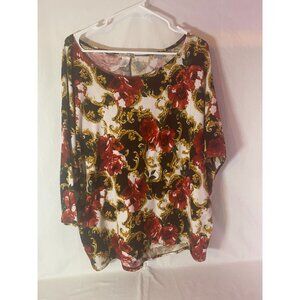 Uetra Teeze Black & Gold with Red roses 3/4 sleeve Round Neck Size 2X
